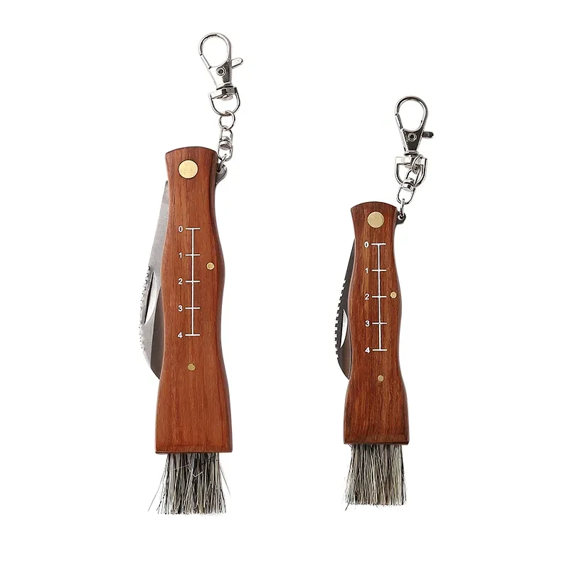 folding Mushroom Knife Wooden Handle With Brush Outdoor Camping Pocket Knife Multi-functional Garden Picking Knife