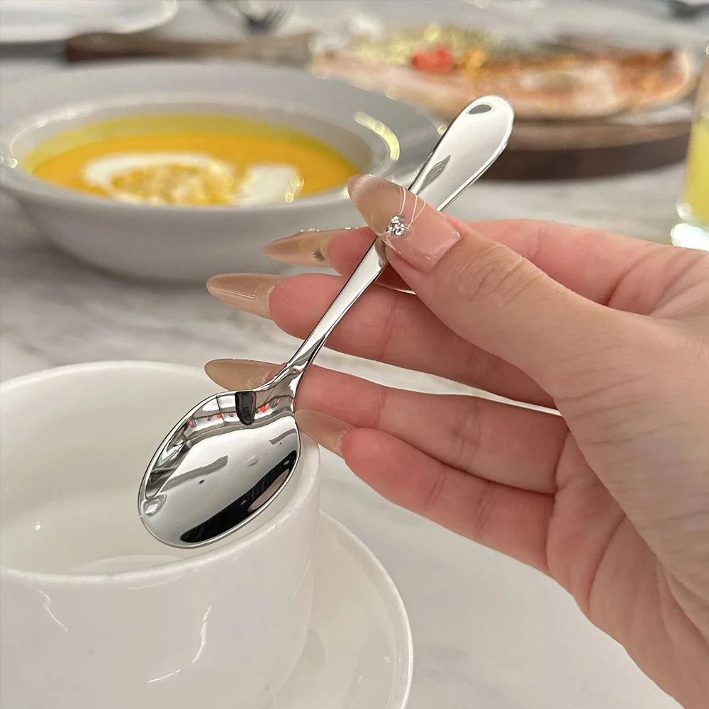 6pcs Small Kitchen Cutlery Stainless Steel Ice Cream Spoon Set Classic Design Silver Metal Spoon Caviar Honey Tea Coffee Spoon