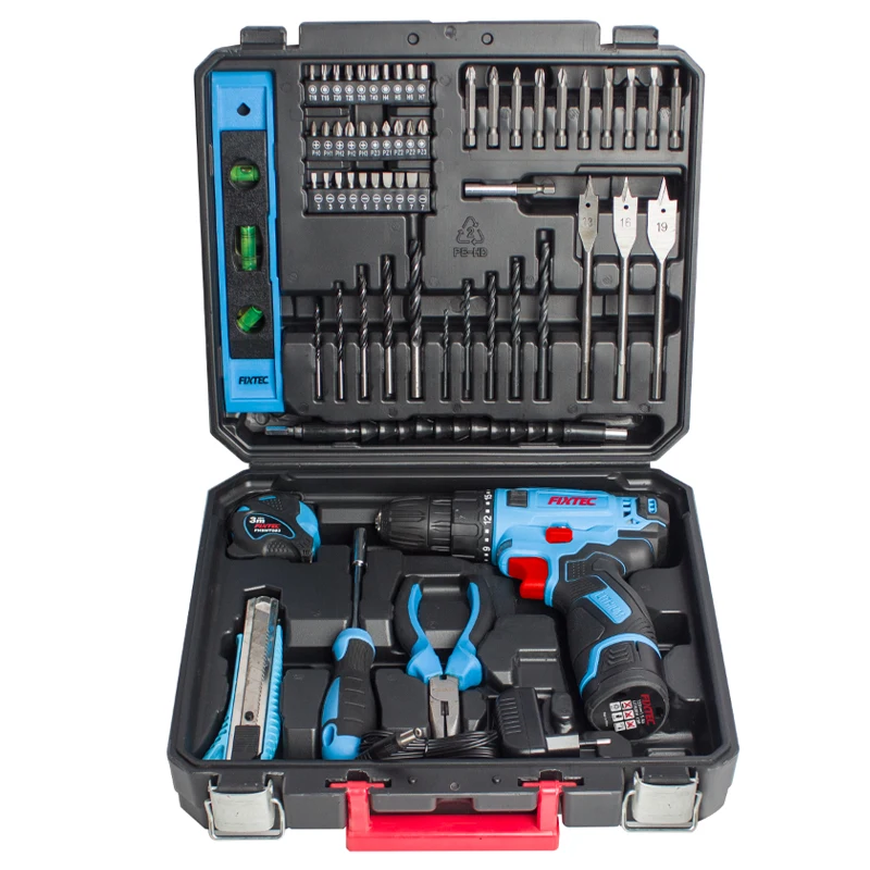 FIXTEC Cordless Drill Wireless Combo Kit 60pcs Accessories Battery Drilling Machine with Case