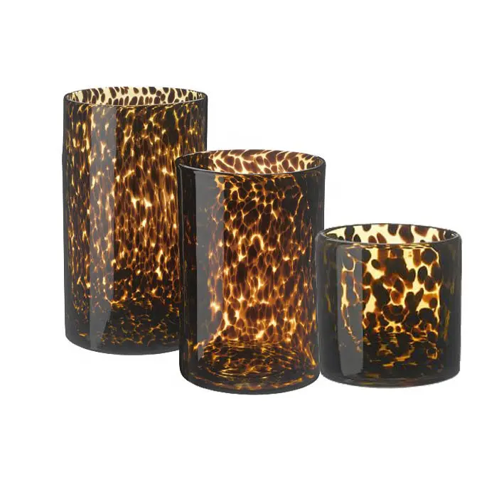 Custom Colorful Amber Black white Luxury Unique Candle Jar Empty Glass Cylinder Handmade Clear Leopard Print jar for candles