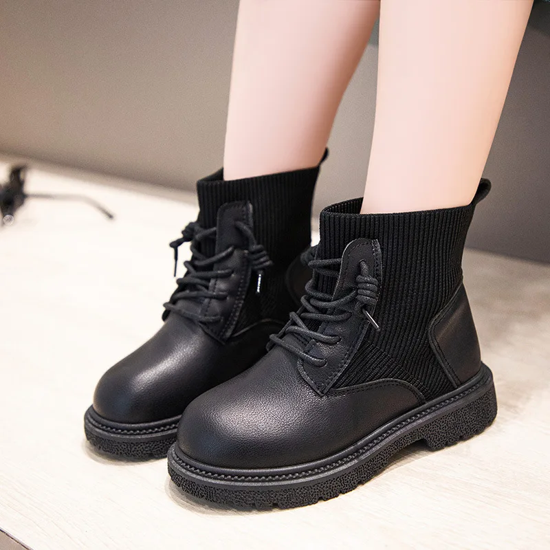 2021 New Fashion Trend Leather Girls Boots Lace-up Ankle Sock Autumn And Spring