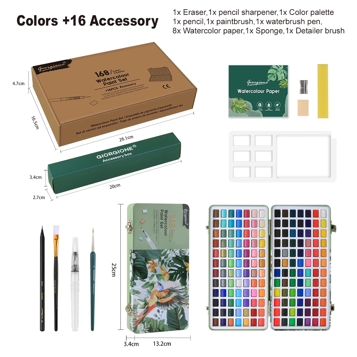 Giorgione 168 Colors Solid Glitter Metallic Watercolor Paint Set with Tin Box and Free Gifts For Watercolor Painting