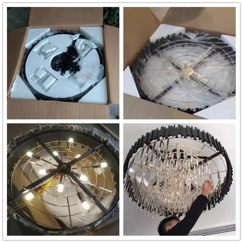 American Luxury Round Gold Black Crystal Ceiling Lamp Chain Pendant Light Modern Crystal Pendant Chandelier Lamp