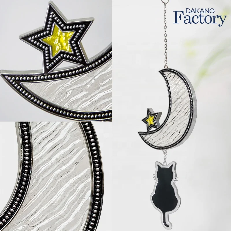 Charming Handcrafted Cat Hanging Ornament with Stained Glass Crescent Moon and Star Design for Elegant Home and Window Decor