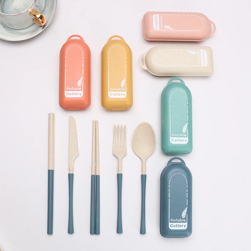 Eco friendly portable travel portable plastic flatware spoon fork chopsticks knife straw wheat straw cutlery