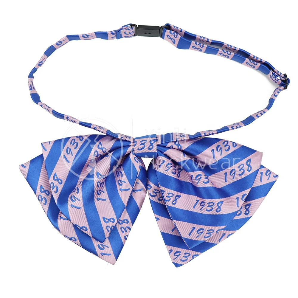 Fashion Hot Selling 1938 Sorority Blue Pink Striped Polyester Woven Jacquard Women Bow Tie Custom