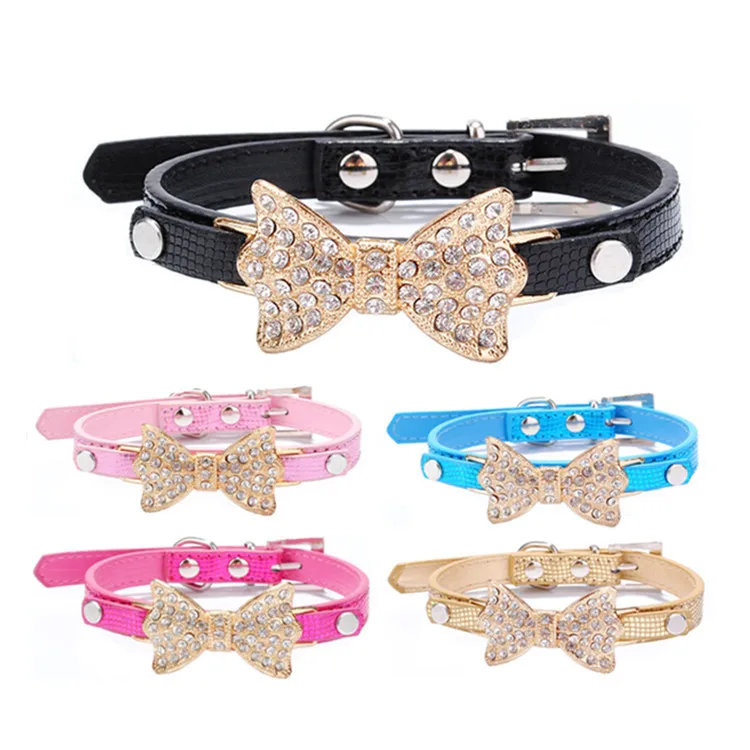 Wholesale Fashion Adjustable Dog Collar Pu Leather Pet Collar Rhinestone Bowknot Kitten Puppy Collars