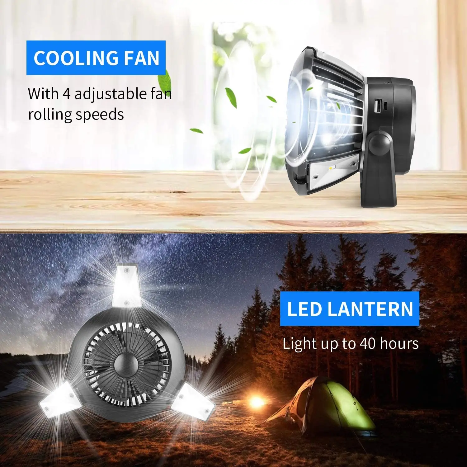 Solar Camping Fans for Tents Powered Camp Lantern with Hanging Hook 4 Speeds USB Desk