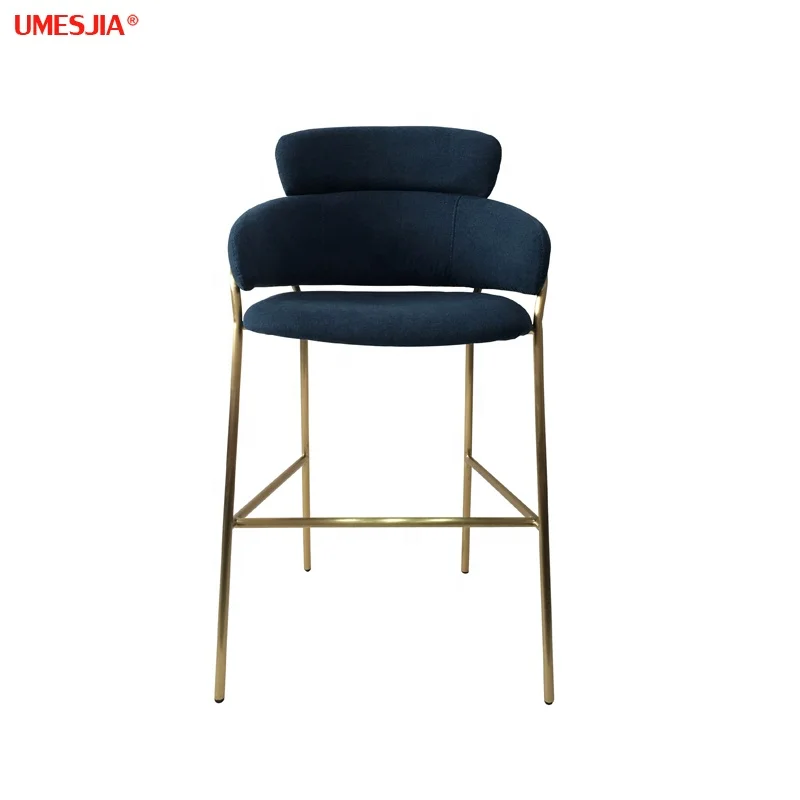 Modern Italy Bar furniture Stainless Steel Gold Metal High Back Blue Velvet Bar Stool Chair