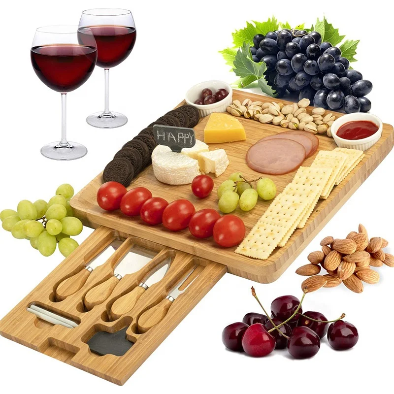 Natural Bamboo Cheese Board & Cutlery Set with Slide-Out Drawer and Knife,Charcuterie Platter & Serving Tray