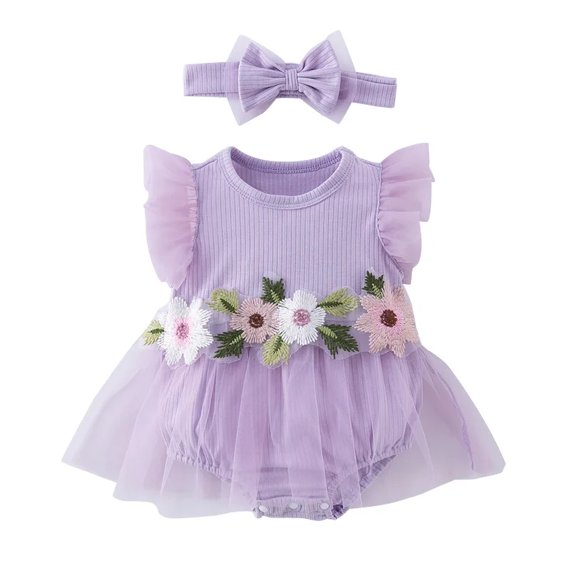 Cute Infant Girl Romper Flower Leaves Embroidery Rib Knit Crew Neck Fly Sleeve Tulle Skirt Hem Baby Jumpsuits with Headband