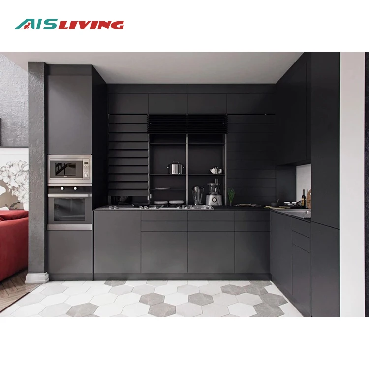 2022 AIS LIVING Kitchen Furniture Modern Designs Complete Custom Black Melamine Kitchen Cabinet Set Made In China