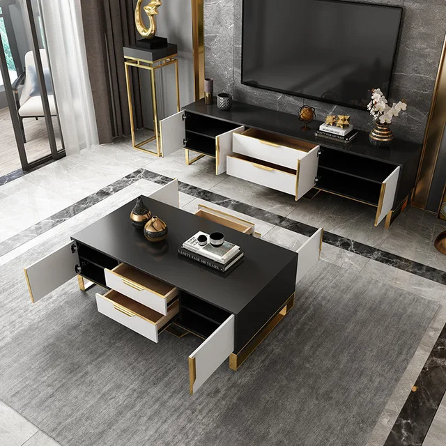 Modern minimalist Nordic black paint light wooden TV stand cabinet living room rectangle coffee table set with storage furniture
