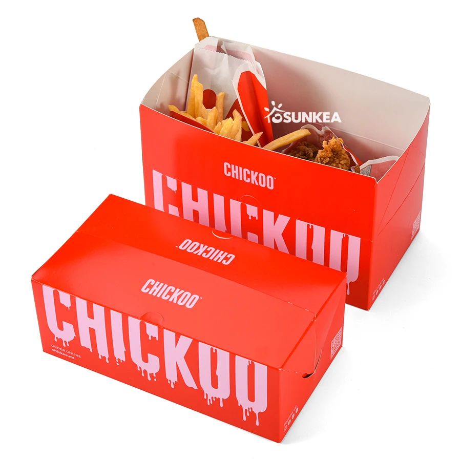 Custom Logo folded paper burger chip together fast food packaging korean fried chicken take out  togo box
