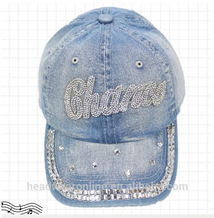 Fashion Custom Bling Rhinestone Washed Denim Baseball Cap 6 Panel Women Curved Brim Fitted Hat