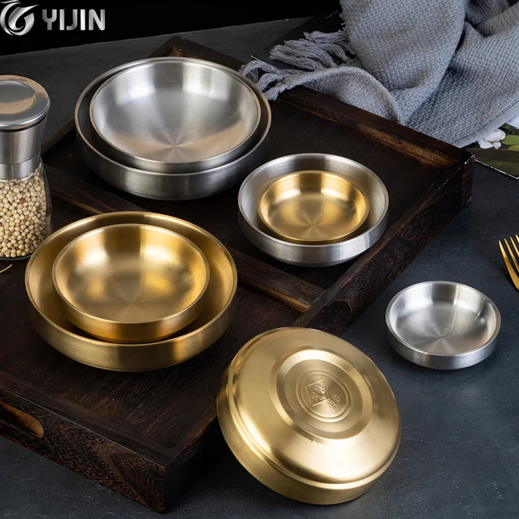 Korean style silver gold double layer small appetizer kimchi soup rice serving bowl stainless steel sauce dish