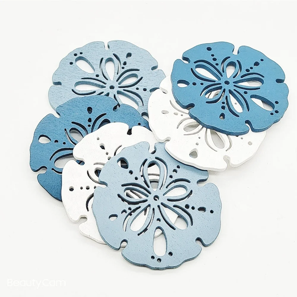 Custom Design Logo Ocean Series Decoration Laser Engrave Shells Starfish Blue Wooden Plywood Coaster For Drink Coffee Tea Cup
