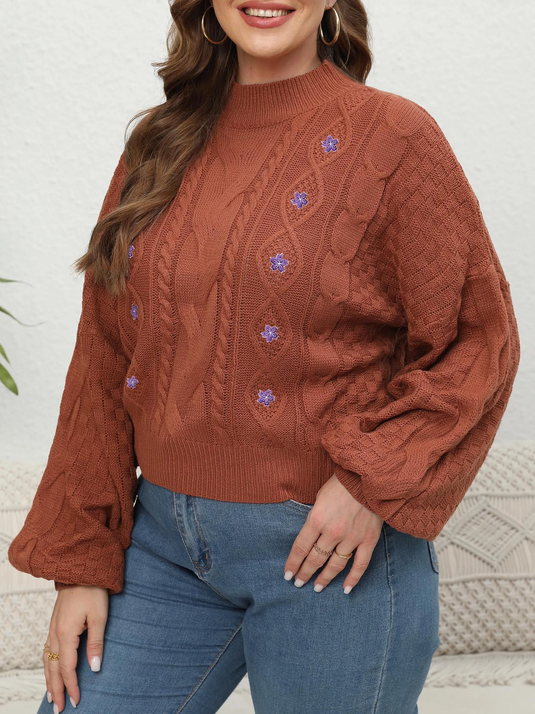 OEM/ODM factory oversized winter cloth casual solid color vintage women pullover flower cable knitwear plus size O neck sweaters