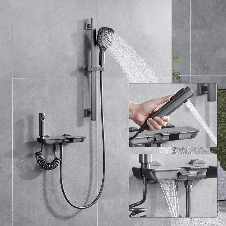 Kidolux Luxury Brass Shower Valve Square Shower set Bathroom Wall Mounted Wholesale Brushed Grey Thermostatic Shower Faucet