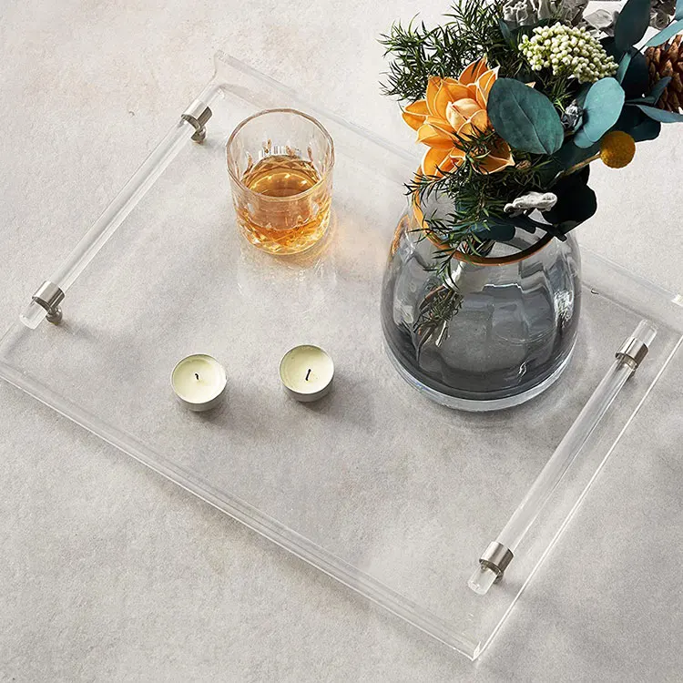 Customizable Hotel Acrylic Tray Food Drink Servers Gold Handle Decorative Transparent Serving Trays