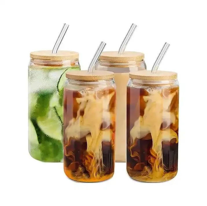 Wholesale 12oz 16oz Drinking Glass Cup with Bamboo Lid and Glass Straw Coke Cup