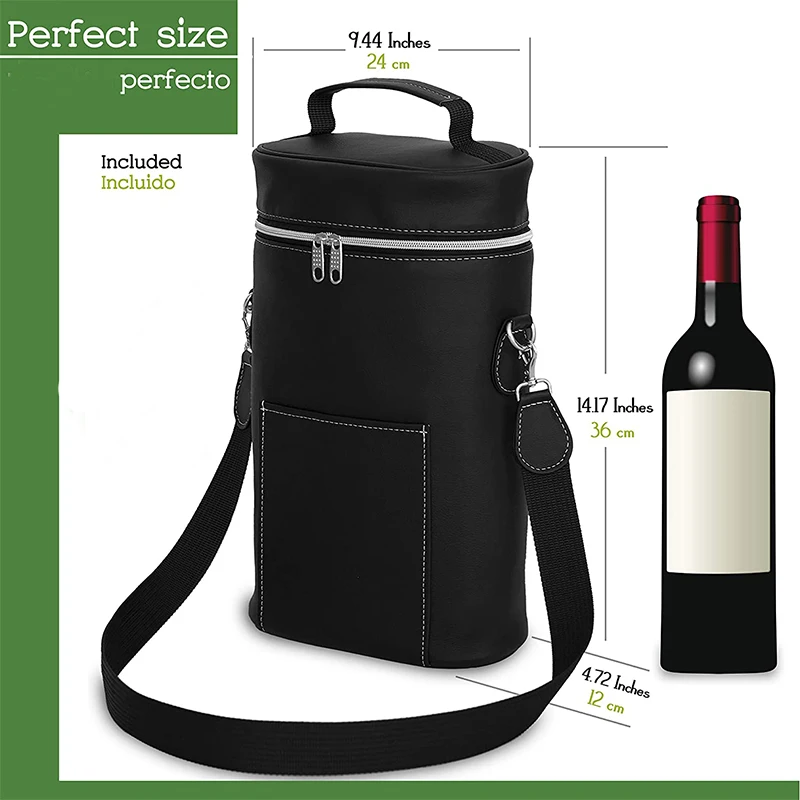 Eco Friendly Cactus Leather Unique Wine Bag  2 Bottles Wine Carrier with vegan leather  Insulated cooler bag  for Wine Lover