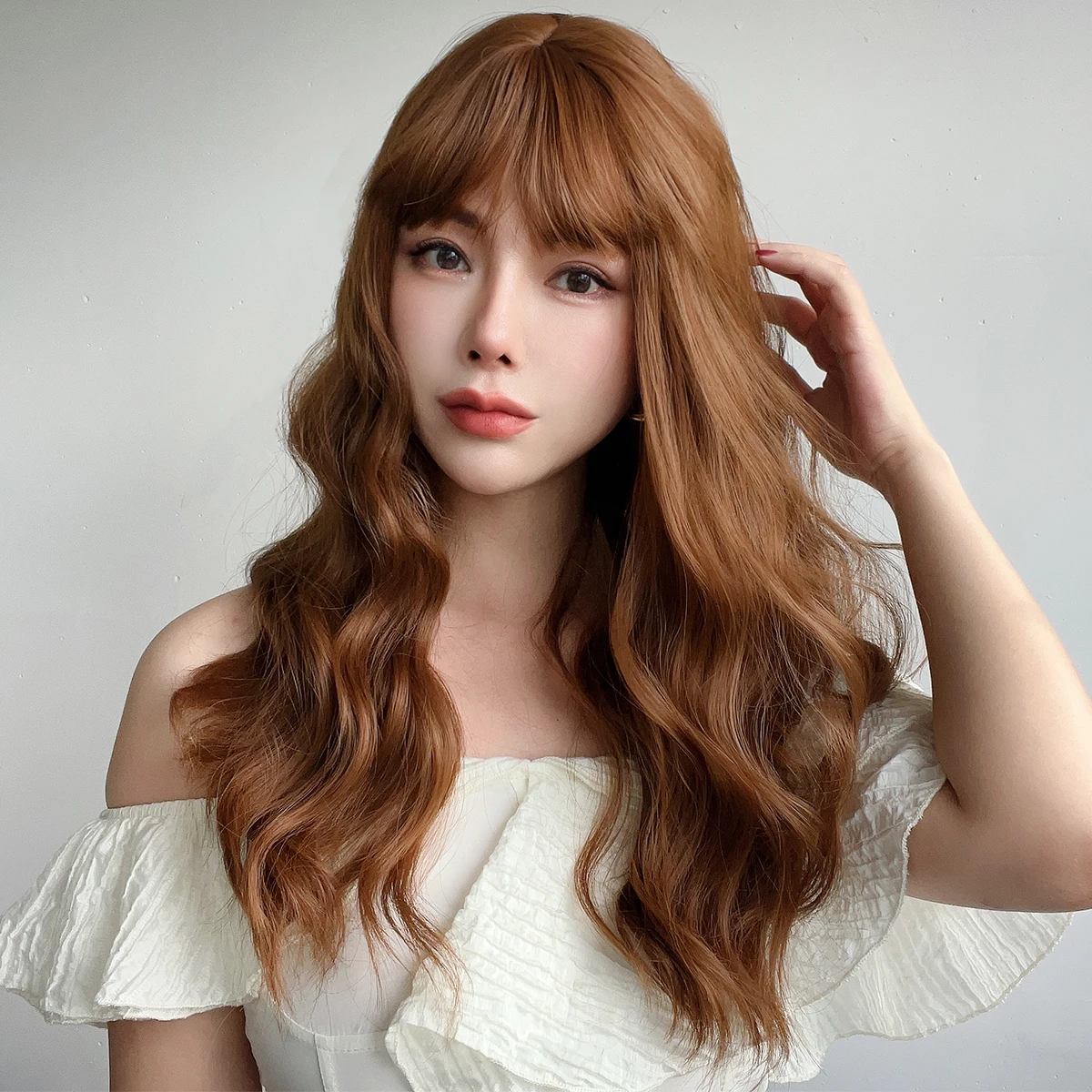 Wholesale 26 Inches Lady curls type Long Wavy Wig with Bangs Cosplay Synthetic Hair wigs for Women