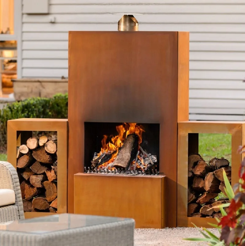 2mm high quality rusty custom outdoor kitchen stove corten steel fireplace with wheels