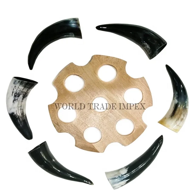 Best selling father day gift item 6 drinking horn set with wooden rack