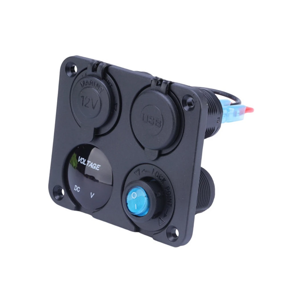 12V Boat Car RV Digital Voltmeter Power Socket Dual Charger Cigarette Lighter 4 Gang Panel Car charger With On Off Rocker Switch