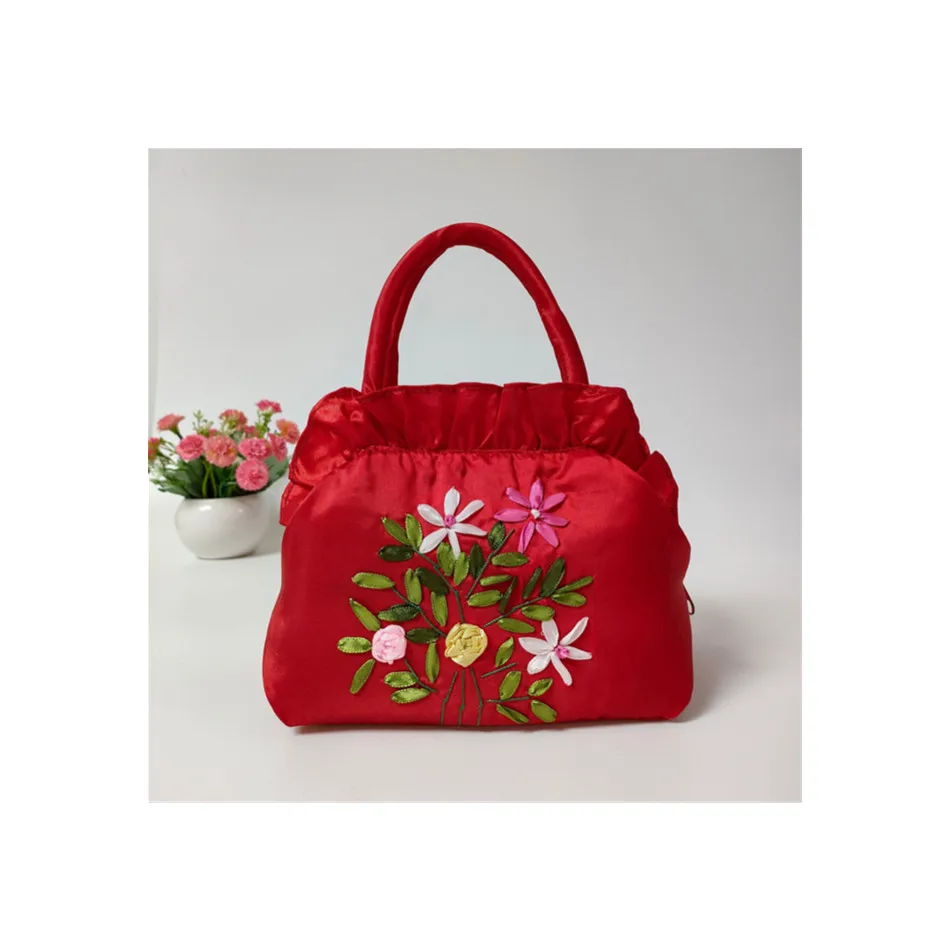 TLB-8R004    Mummy handbag ethnic embroidery flower handbag vintage lady satin zipper makeup bag