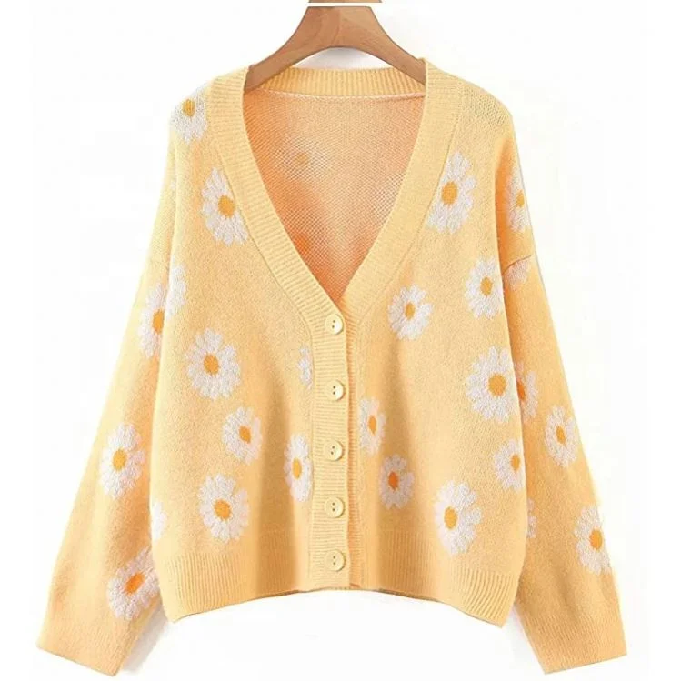 Wholesale Knit Oversized Cardigan Sweater Floral Jacquard Long Sleeve V Neck Button Down Vintage Outerwear Tops Clothing