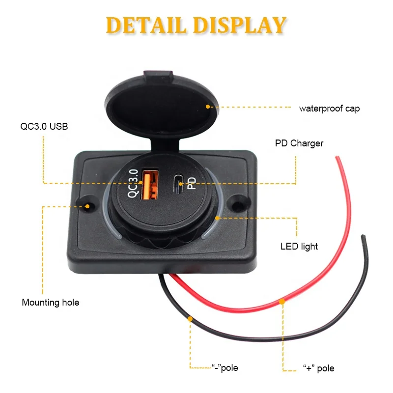 DC 12V 24V Dual Port Panel Surface Mount Fast Type-C Charger QC3.0 Type C PD USB Socket