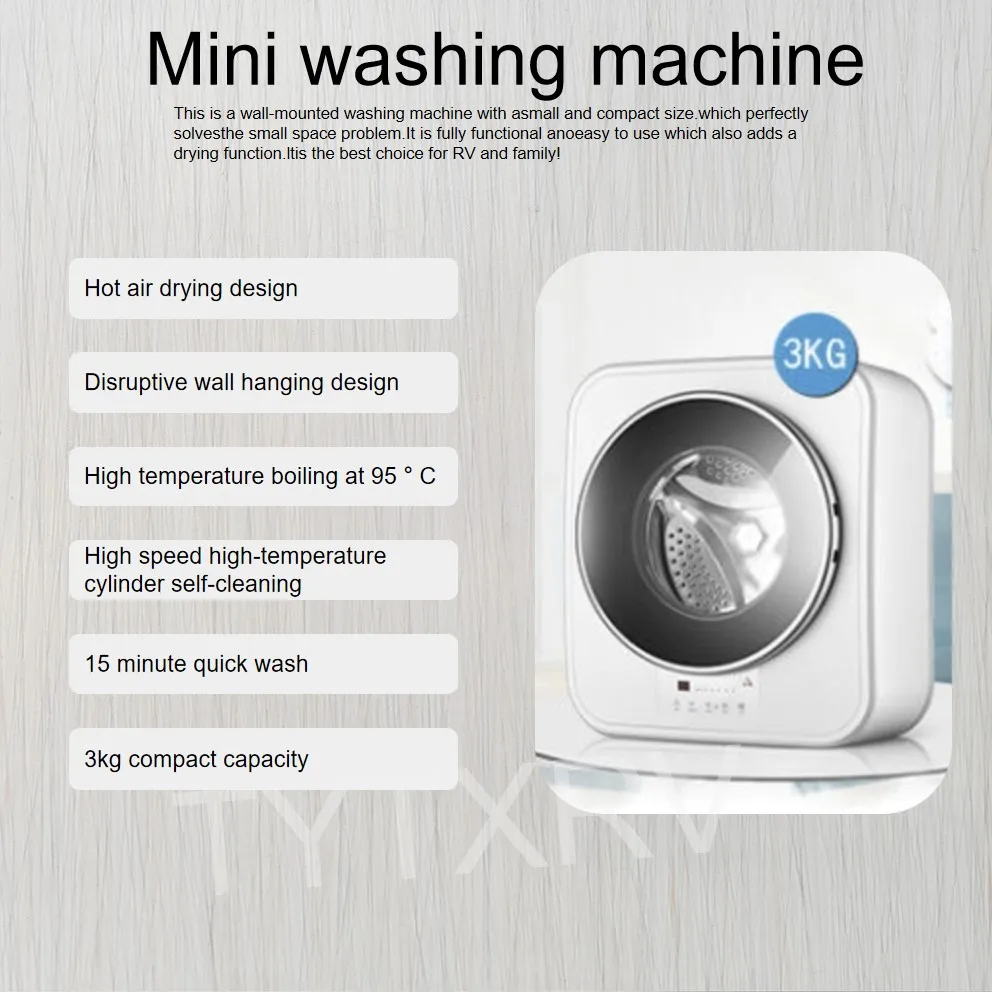 HEYRV 3kg RV Caravan Washing Machine Mini Fully Automatic Washer Dryer Portable Front Loading Washing Machine