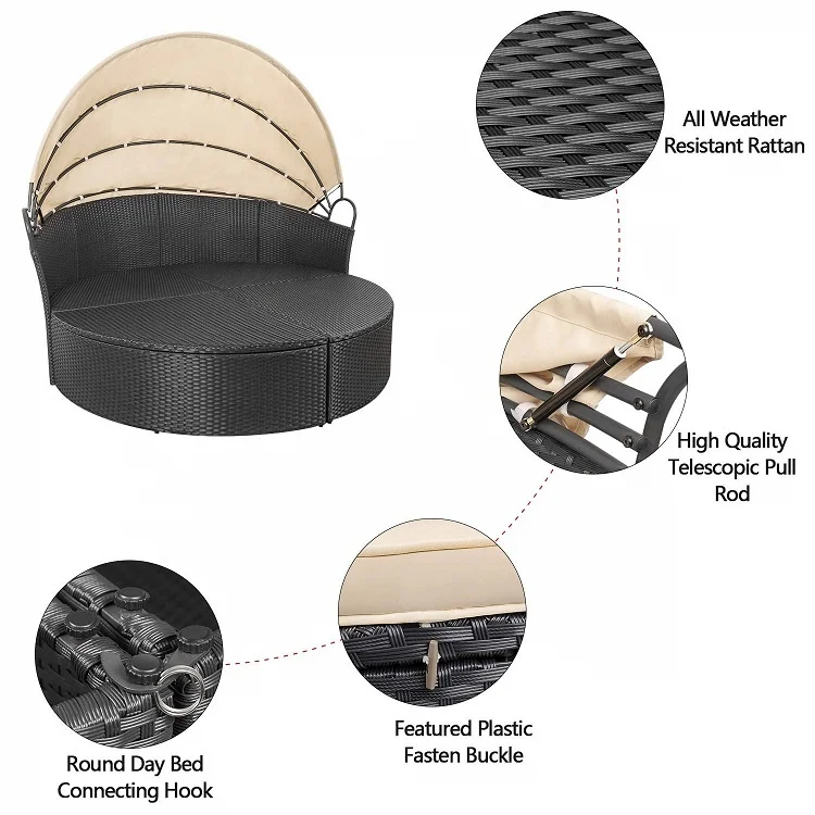 Outdoor with Canopy Set Wicker Tanning Rattan for Two Round Oversized Daybed Relaxing Sunbed
