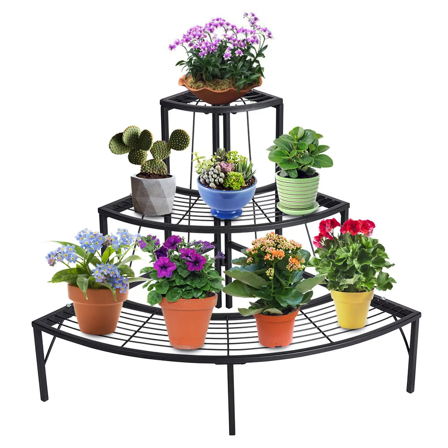 Wholesale Fashion 3 Layers Floor Flower Shelf Outdoor Garden Furniture Flower Stand Fan  Iron Flower Pot Rack