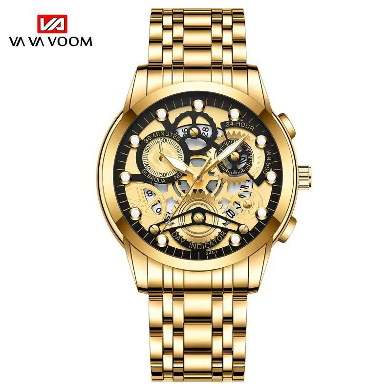 Va Va Voom Wholesale Customization Hollow Quartz Movement Illuminated 24 Hour Decorative Pointer Quartz Watches for Men Cool