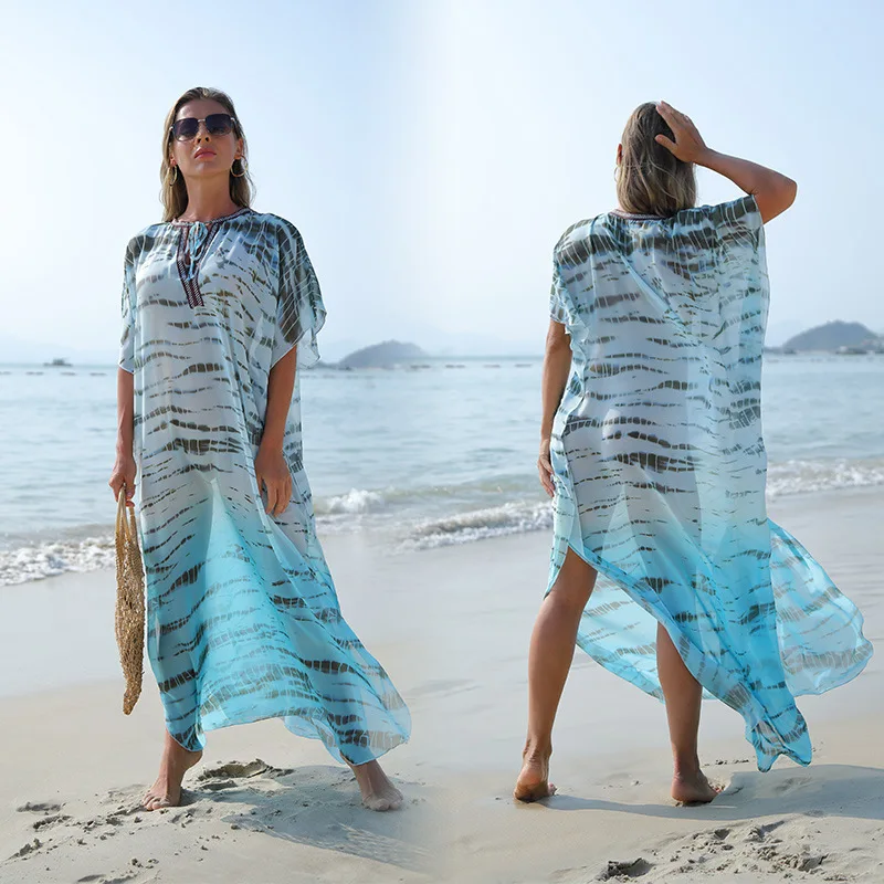 Wholesale Women Plus Size Cover Up Dresses Long Bikini Swimsuit Cover Ups Lingerie Abaya Print Chiffon Beach Cover Up