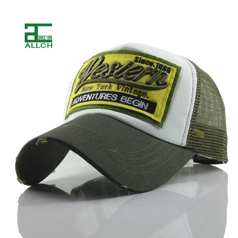Allch Wholesale Hot Style Western Sports Cap Soft Logo Words Embroidery Washed Mesh Visor Grinded Rim Baseball Cap Hat