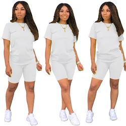 Hot Women Clothing Sets 2 Piece Cotton Short Sleeves ladies Casual Neon two Piece Shorts Set