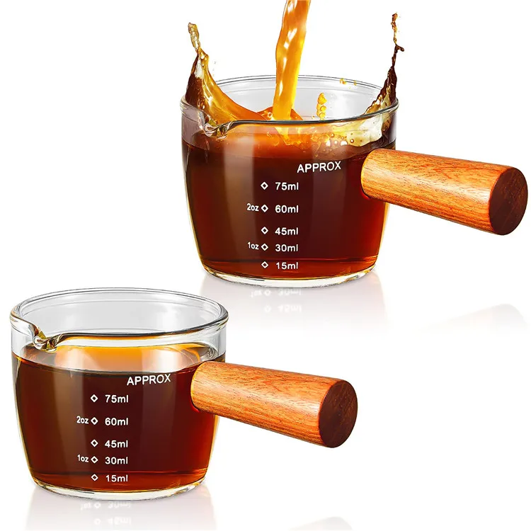 Dropshipping Heat Resistant Glass Measuring Cup Wooden Handle Milk Tea Cup Espresso Shot Glasses Measuring Cup
