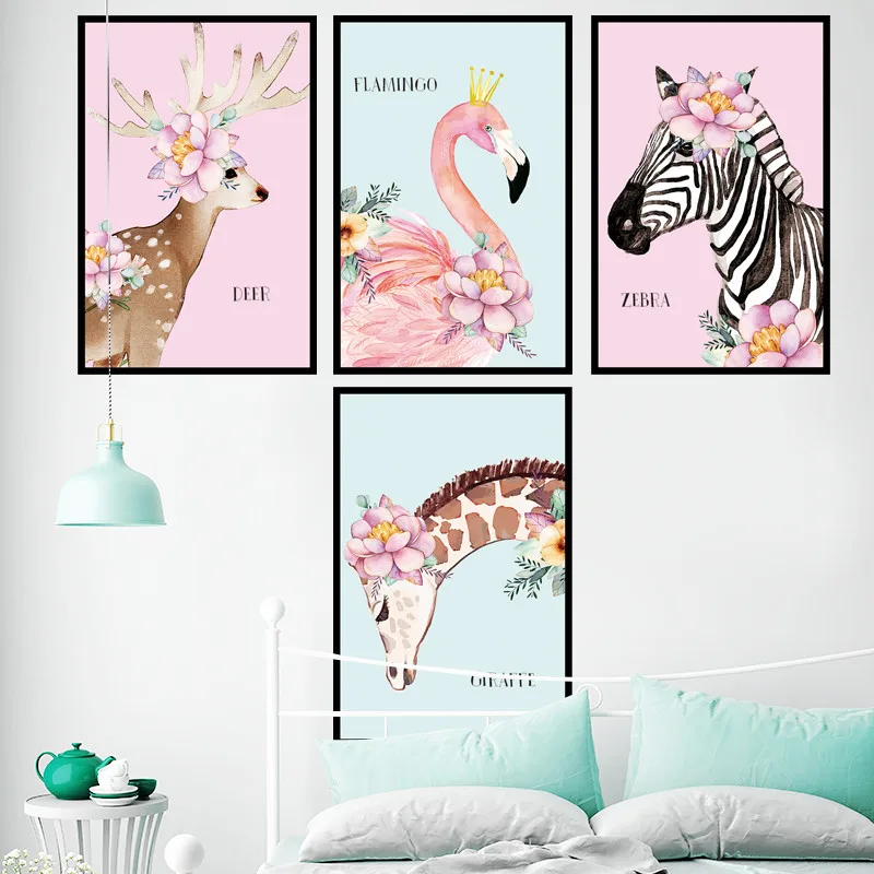 Cute Animals With Pink Flowers Wall Mural Zebra Giraffe Flamingo Wallpaper Home Decor Living Room Bedroom Removable Stickers