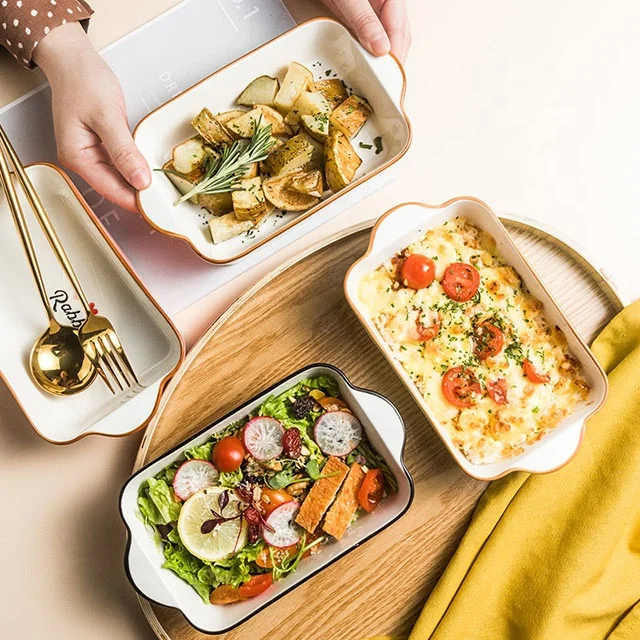 Household Cartoon Kitchen Plate Cheese Baking Dish With Double Ear Ceramic Baking Tray