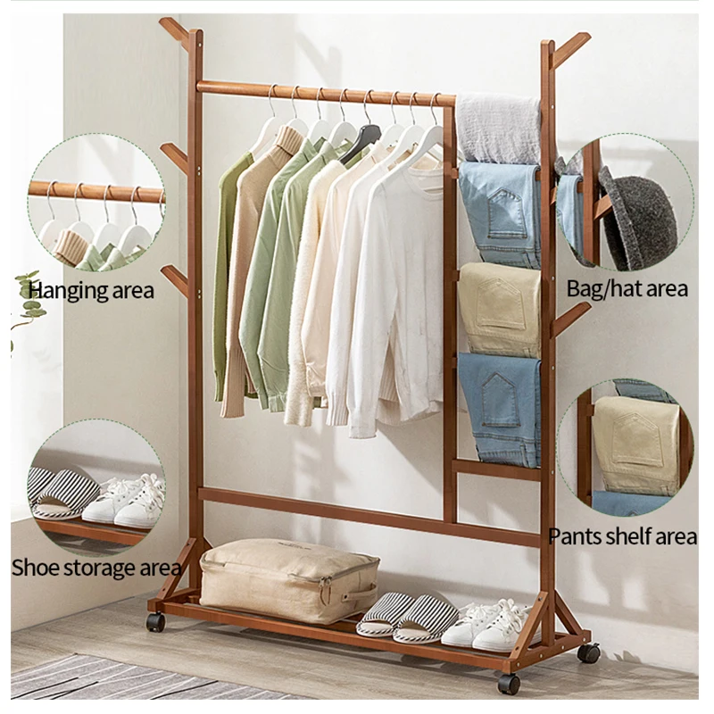 Multifunctional Wooden Shoe Rack Display Storage Shelf Bamboo Garment Clothes Hanging Rack Stand