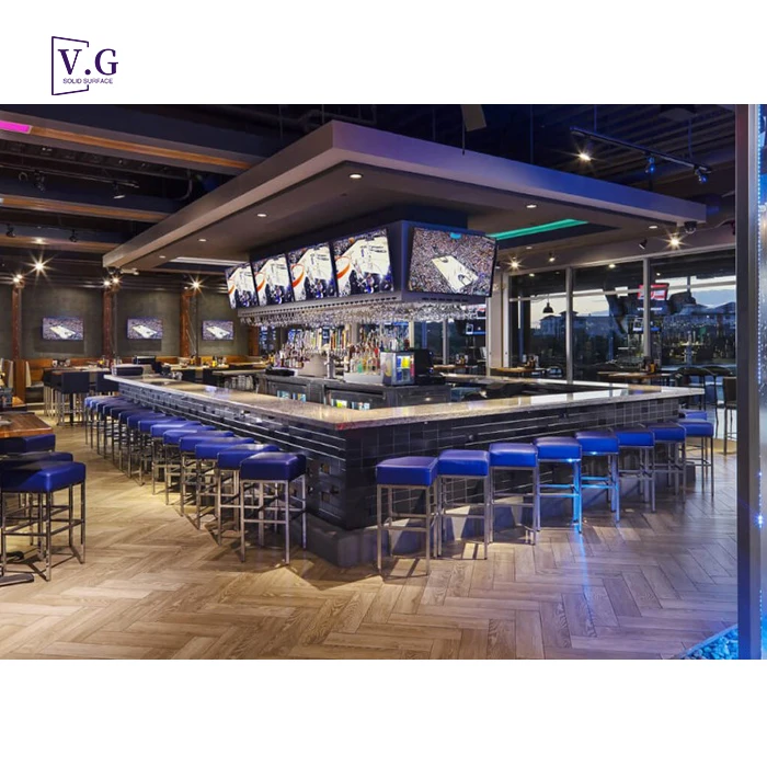 Custom Square Shape Solid Surface Stone Golf Club Restaurant Bar Stainless Steel Brick Bar Counter