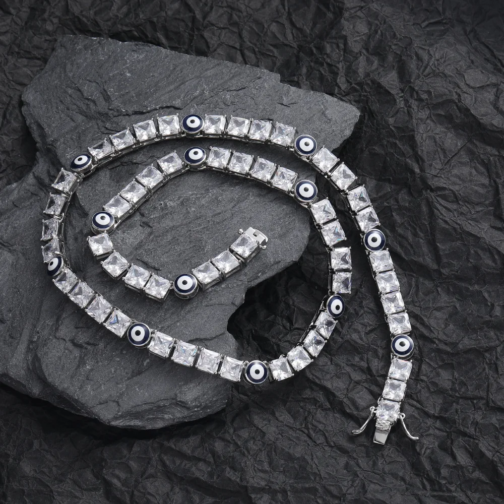 New Europe and America 6*6mm CZ Single Row Necklace Devil Eye Tennis Chain for Ladies Men Gift