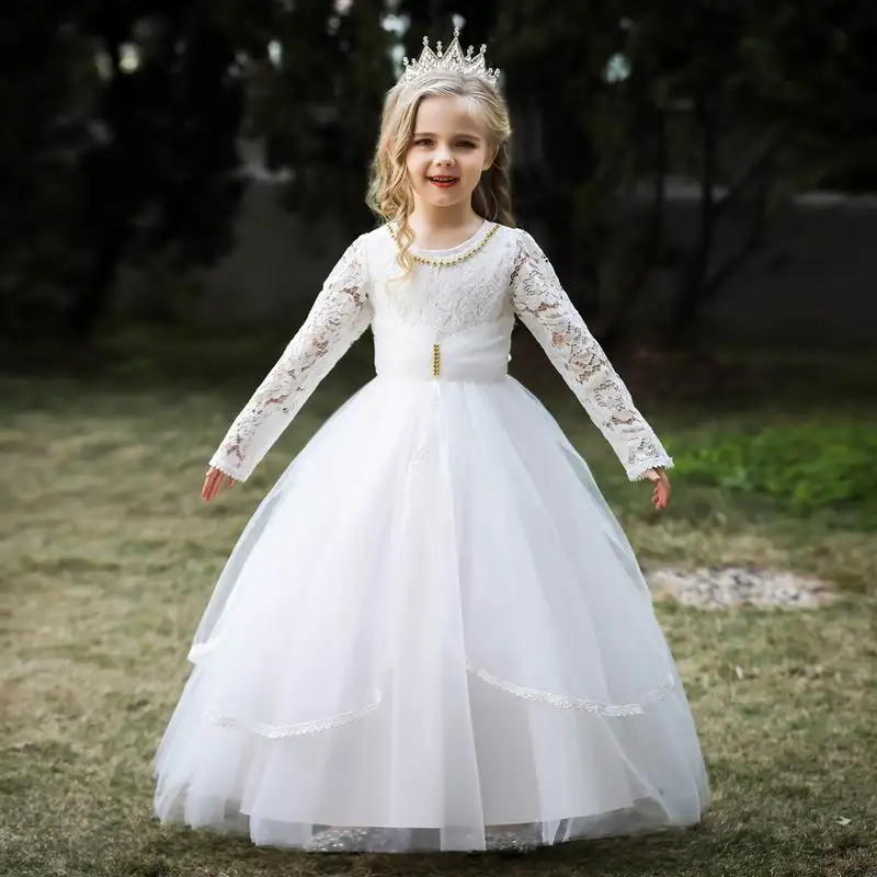 Baby Boutique Prom Dress Full-length Long Lace Sleeve Children Wedding Ball Gown