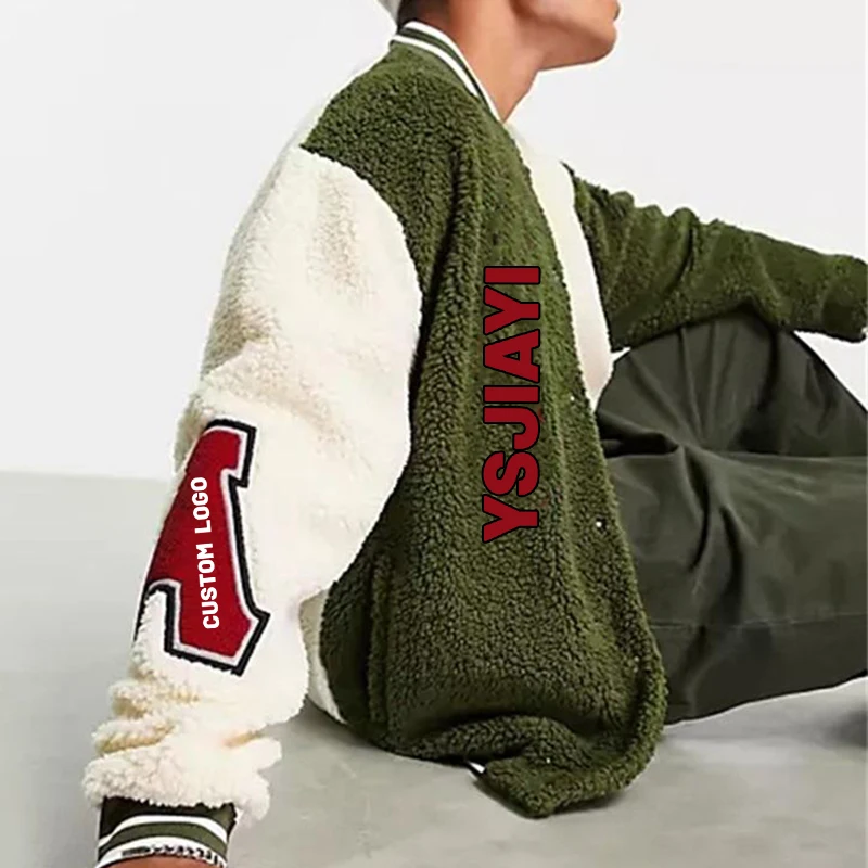OEM custom winter letter embroidery oversized teddy borg varsities fleece jacket for men