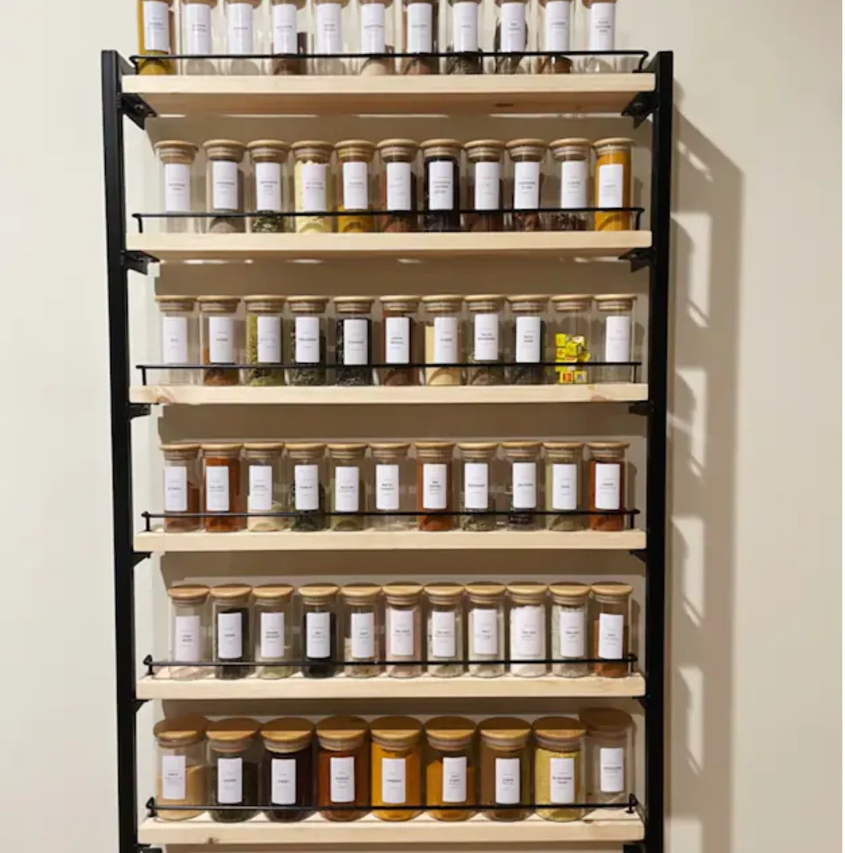 Wall Mounted Hanging Spice Rack Organizer- Heavy-duty Metal Cans Shelves With Wood Tray Organization and Storage