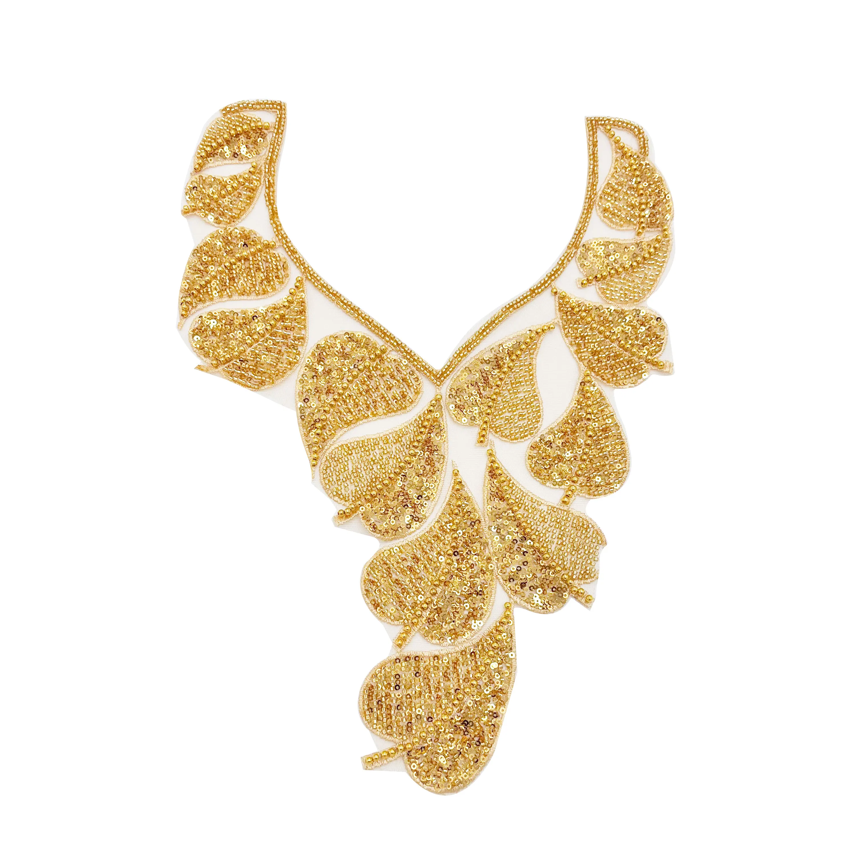 Gold Lace Sequin Decoration Bead Embroidery Collar Bodice Applique for DIY Sewing, Dance Clothes Formal Dresses